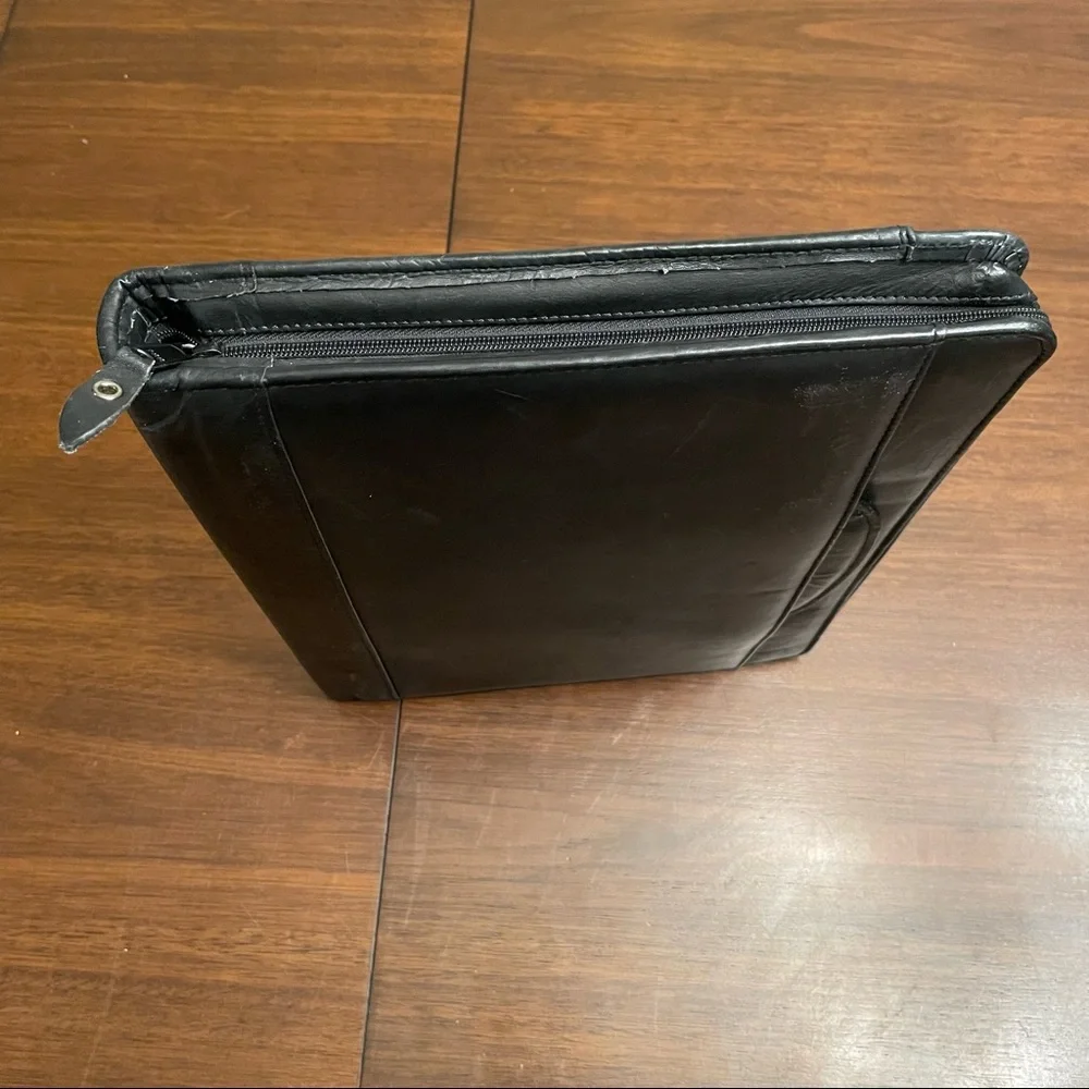 Vintage Monarch Luggage Briefcase Portfolio HIDE-AWAY HANDLES Black Leather Zips
